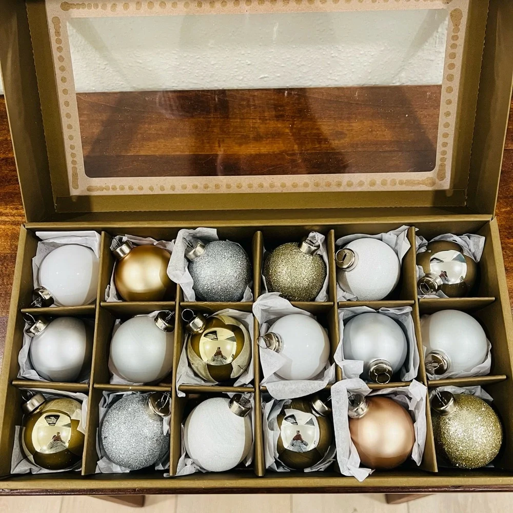 Crate & Barrel Medium Winter Metallics Christmas Ornaments, Boxed Set of 18